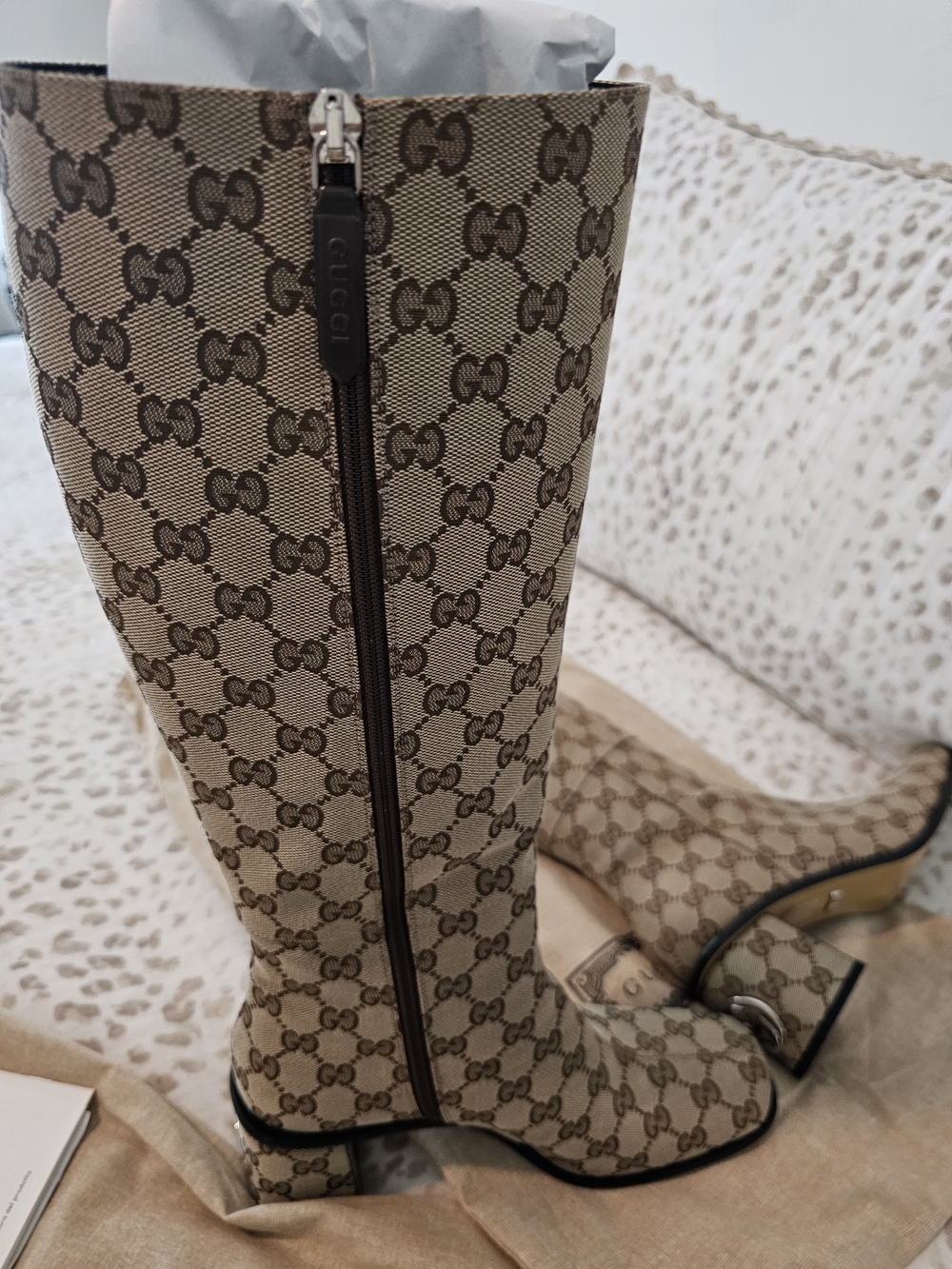 Gucci Beige Monogram Knee-High Square Toe Boots - Picture 3 of 12